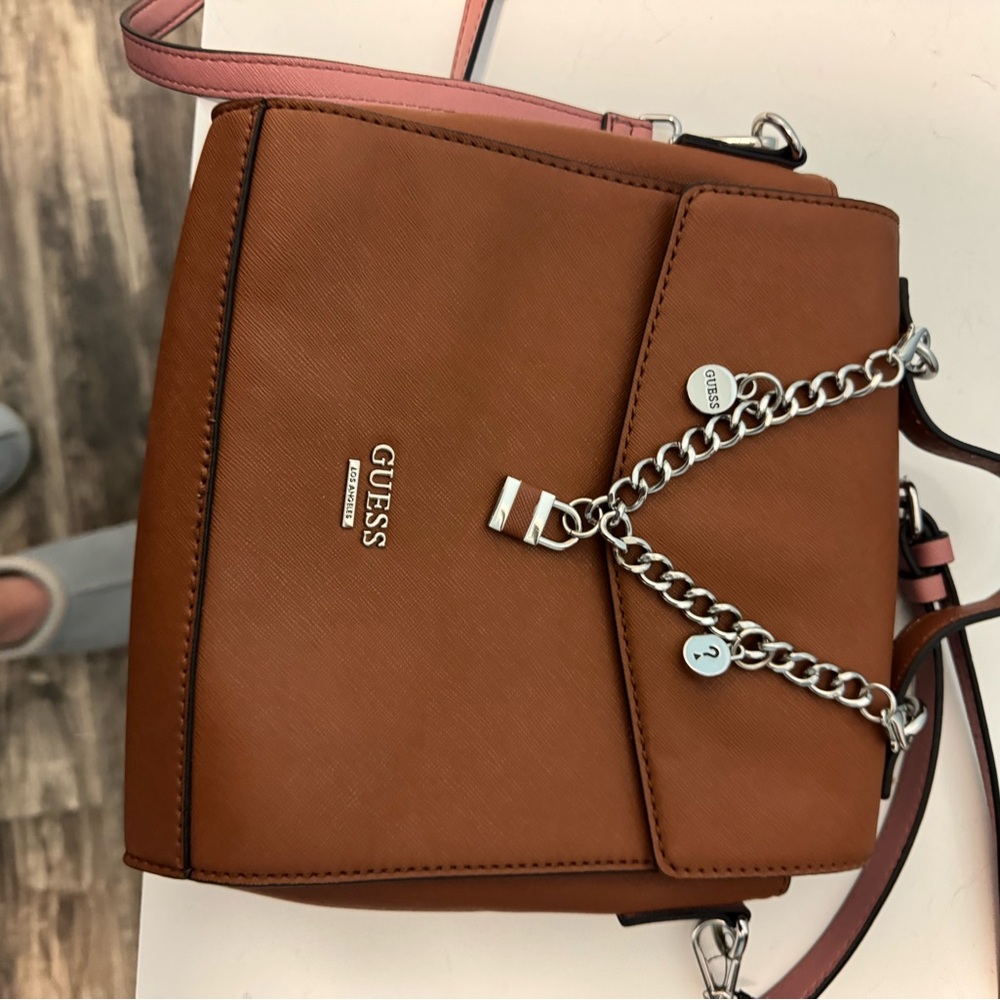Guess Brown Silver Crossbody Bag with Chain Accents